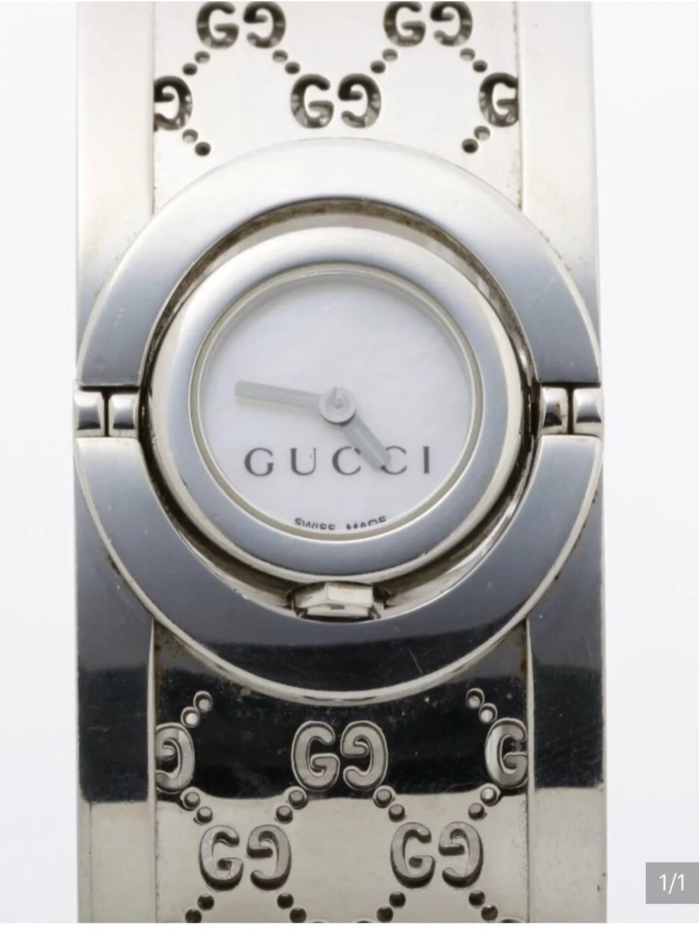 Gucci Silver-Tone GG Engraved Bangle Watch with White Dial